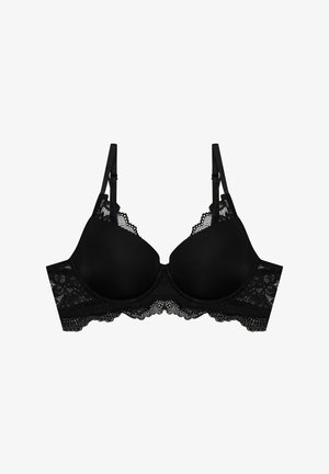 Black bra featuring smooth fabric cups, lace trim along the bottom, adjustable straps, and a structured shape. Lace details at the edges.