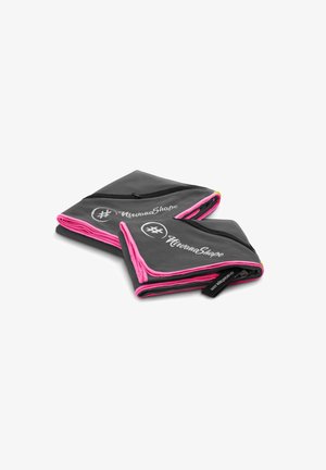 Two folded exercise towels in gray fabric with pink trim, featuring the #NirvanaShape logo prominently on the surface.