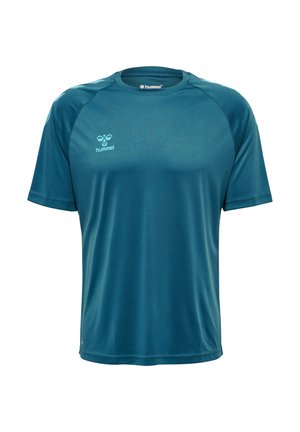 T-shirt de sport teal en tissu lisse et évacuant l'humidité. Présente un col rond et des manches courtes. Logo imprimé sur la poitrine.