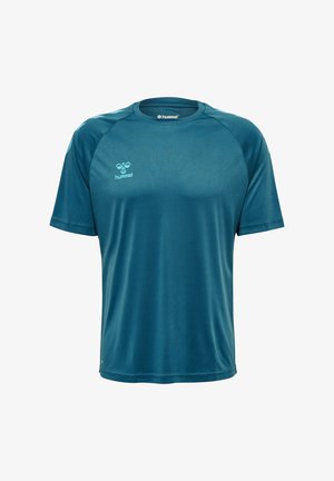 Teal Farbstoff sportliches T-Shirt aus glattem, feuchtigkeitsableitendem Stoff. Mit Rundhalsausschnitt und kurzen Ärmeln. Logo auf der Brust gedruckt.