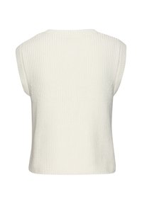 Weißes ärmelloses Oberteil mit gerippter Textur, Rundhalsausschnitt und lockerer Passform. Der Rücken zeigt einfache Linien und minimale Details.