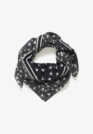 Marine vierkante sjaal met bloemenpatroon in het wit, omrand door smalle witte strepen. Gemaakt van lichtgewicht stof, met een zachte textuur.