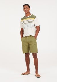 Herren Kurzarmhemd in hellbeige mit grünen, gelben und blauen Streifen; kombiniert mit olivgrünen Shorts und beigen Flip-Flops.