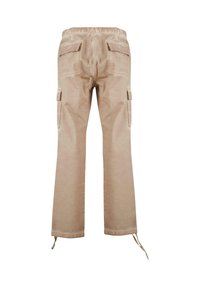 Beige cargo-housut, joissa on kiristettävä helma, kaksi sivutaskua ja kaksi takataskua; valmistettu pehmeästä ja kestävästä kankaasta.