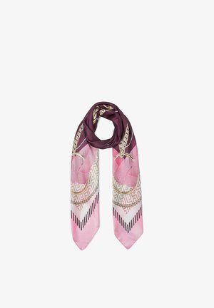 Sciarpa di seta con toni viola, rosa e crema, caratterizzata da motivi a catena e geometrici, piegata e drappeggiata a forma di anello su sfondo bianco.