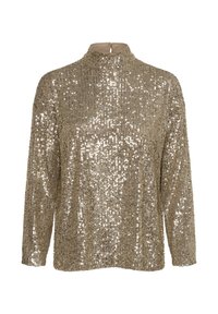 Maglia a maniche lunghe dorata con colletto alto, abbondantemente decorata con paillettes per una superficie testurizzata e riflettente. Dettaglio di chiusura sul retro del collo incluso.