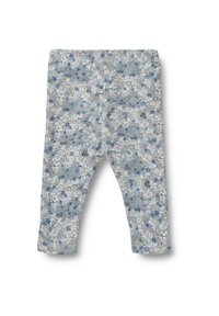 Blommiga leggings i ljusblått med ett tätt mönster av små blommor i blått, rosa och vitt. Mjuk tyg, elastisk midja, smal passform.