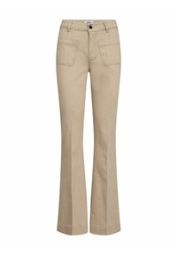 Beige flare jeans met een gladde textuur, twee voorzakken en een knoopsluiting. Heeft gestikte details langs de zoom.