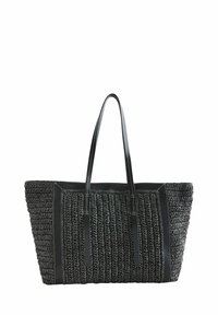 Sac fourre-tout noir en tissage, avec un corps texturé, des accents en cuir et deux longues poignées. Présente des coutures contrastantes le long des bords.
