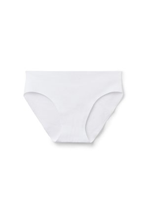 Hvide, sømløse dameundertøj med mellemhøj talje og fuld dække bagpå, vist fladt på en hvid baggrund.