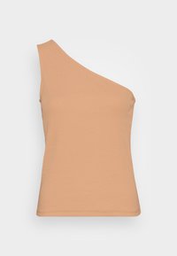 Top de manga assimétrica em bege claro, com um decote angular e uma silhueta ajustada. Textura suave e sem elementos decorativos.