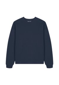 Felpa blu navy con maniche lunghe, collo a coste e polsini. Realizzata in materiale morbido con vita aderente. Nessun motivo o dettaglio visibile.