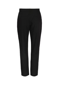 Calças pretas sob medida com um ajuste slim, apresentando uma textura suave, cintura sem costura e dois bolsos traseiros. Sem hardware visível ou padrões.