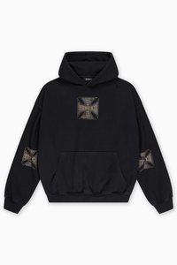 Black hoodie featuring a large embroidered design with a cross on the front and smaller versions on both sleeves. Front kangaroo pocket included.