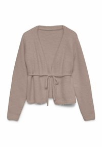 Svijetlo bež kardigan od mekanog tkanja, s vezicom na prednjoj strani, dugim rukavima i otvorenim, opuštenim dizajnom.