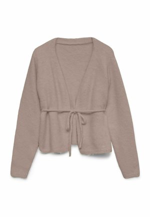 Jasnobeżowy kardigan wykonany z miękkiej tkaniny, z wiązaniem z przodu, długimi rękawami i otwartym, luźnym krojem.