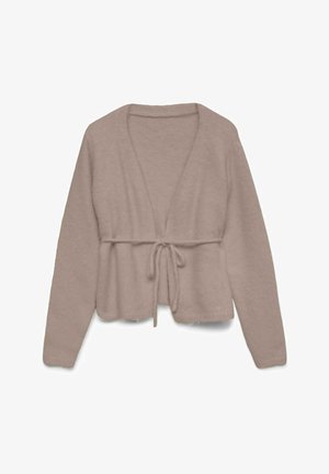 Hele beež kardigan, mis on valmistatud pehmest kangast, esikinnisega nööriga, pikkade varrukatega ja avatud, lõdva lõikega.