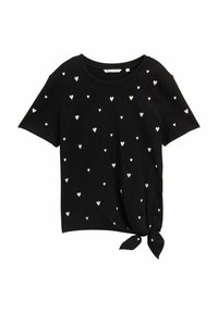 Czarna koszulka z krótkim rękawem z rozsianymi wzorami serc w białym i jasnoróżowym kolorze, z wiązaną kokardą na dole.