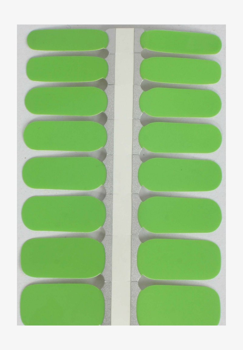 Green adhesive nail strips arranged in rows; each strip has an oval shape with smooth, glossy texture and a peel-off backing for application.