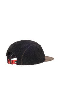Black fleece cap with a rounded top, brown bill, and adjustable red strap at the back. Features contrast stitching along the seams.