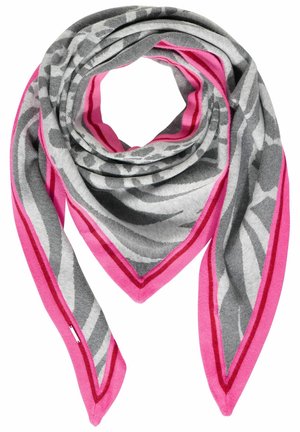 Écharpe à motifs gris et roses, de forme triangulaire, avec une bordure rose audacieuse le long des bords et un matériau doux et texturé.