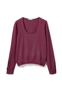 Maglione bordeaux con scollatura quadrata, maniche lunghe e polsini a coste. Il tessuto è morbido con una texture liscia, e presenta bottoni sui bordi delle maniche.