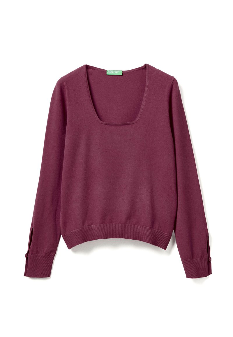 Maglione bordeaux con scollatura quadrata, maniche lunghe e polsini a coste. Il tessuto è morbido con una texture liscia, e presenta bottoni sui bordi delle maniche.