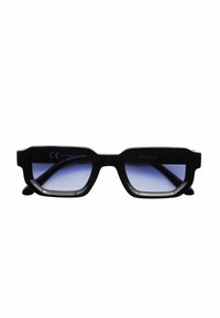 Occhiali da sole neri con montatura ottagonale, lenti blu sfumate e spiccate decorazioni sulle aste. Protezione UV indicata all'interno della montatura.