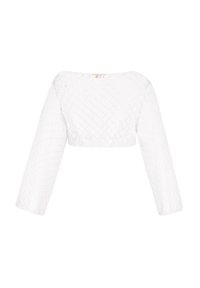 Fehér, crop fazonú top geometrikus textúrájú mintával, széles, hosszú ujjakkal és négyzet alakú dekoltázzsal. A címke a hátsó részen látható.