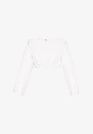 Valge lühikene topp geomeetrilise tekstuuriga mustriga, laiad pikad varrukad ja ruudukujuline kaelus. Silt nähtav taga.