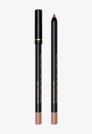 Black lip liner pencil with gold text, featuring a pointed tip. One end has a cap, the other is sharpened, with a pinkish brown hue.