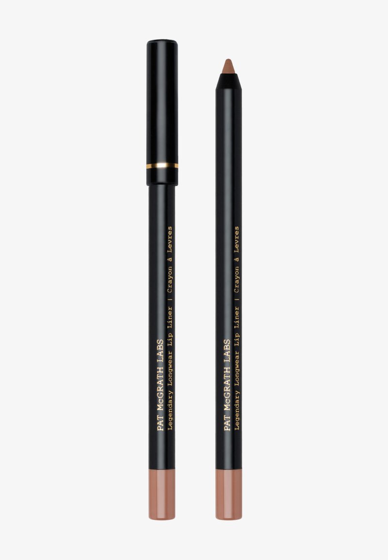 Black lip liner pencil with gold text, featuring a pointed tip. One end has a cap, the other is sharpened, with a pinkish brown hue.