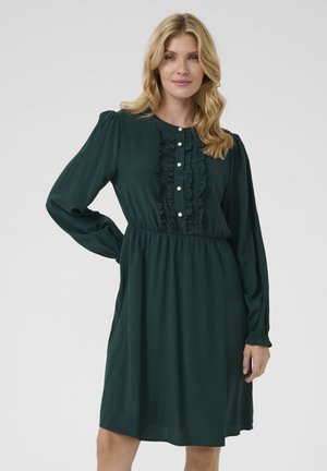 Dark green dress with long sleeves, ruffled neckline, and pearl buttons. Made of soft fabric, cinched waist, and relaxed fit.