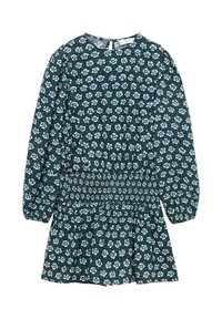 Temnozeleni dolgi rokav obleka z modrim in belim cvetnim vzorcem, zategnjeno nabrano pasu in volanastim robom krila.