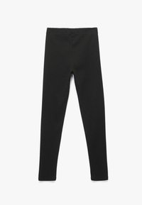 Svarta leggings gjorda av mjuk, elastisk bomullsblandning. Tight passform med elastiskt midjeband. Slät textur utan synliga mönster eller detaljer.