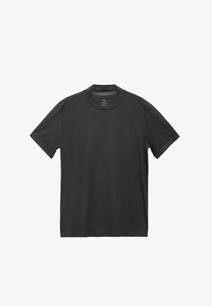 Black short-sleeve crew neck t-shirt, made of smooth fabric with a regular fit. Features minimal branding on the inner neckline.