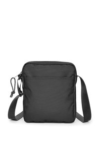 Schwarze Crossbody-Tasche aus Stoff mit Reißverschluss, verstellbarem Riemen, flacher Fronttasche, rechteckiger Form und glatter, strukturierter Oberfläche.