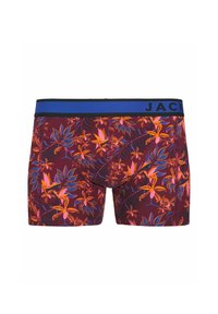 Boxer in cotone da uomo con un motivo floreale in tonalità di rosso e viola, vita blu con scritte nere, realizzati in tessuto elastico.