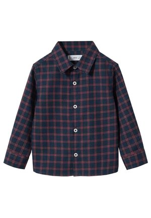Camisa azul marino de manga larga con patrón de cuadros rojos, cierre de botones al frente y cuello puntiagudo, adecuada para niños.