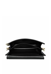 Czarna skórzana torba o usztywnionym kształcie. Wnętrze zawiera dwie przegrody i gładką fakturę. Złote akcenty z metaloplastyki.