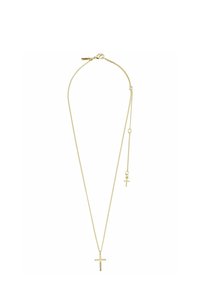 Collana in tono oro con una delicata catena, caratterizzata da due croci, una più grande e una più piccola, con una finitura lucida e brillante.
