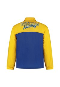 Żółta i niebieska kurtka wyścigowa z długimi rękawami, kontrastujące górne i dolne sekcje oraz niebieskie logo "Williams Racing" na plecach.