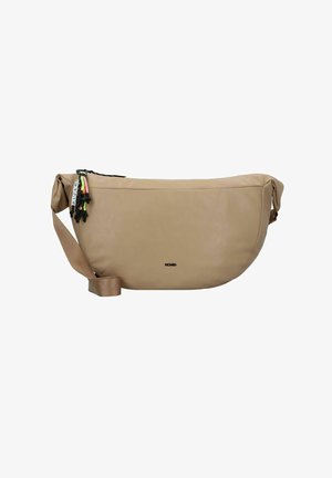 Borsa a tracolla beige con una finitura in finta pelle liscia, tracolla regolabile, chiusura con zip e dettagli colorati sui tirazip.