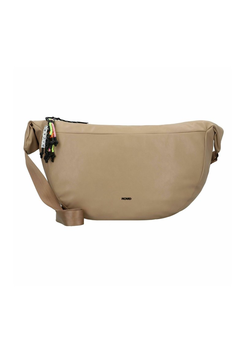 Beige schoudertas van glad kunstleer, met verstelbare schouderriem, ritssluiting en kleurrijke ritstrekkers.