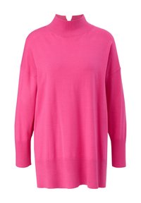 Rosa gestrickter Pullover mit hohem, geripptem Kragen und überschnittenen Schultern. Verfügt über eine lässige Passform und gerippten Saum. Weiche Textur, ohne Muster.