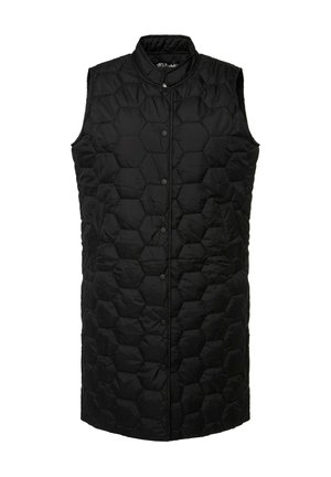 Gilet sans manches en duvet noir avec un motif en losanges, doté d'un col haut et de fermetures à pression à l'avant. Fabriqué en matériau léger.