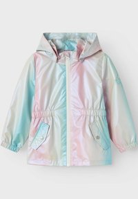 Veste légère et irisée avec capuche, fermeture éclair, taille élastiquée et deux poches à rabat à boutons-pression, dans des tons de rose et bleu.