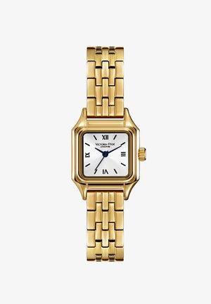 Orologio in metallo dorato con cassa quadrata, quadrante bianco, numeri romani neri, lancette blu e bracciale a catena.