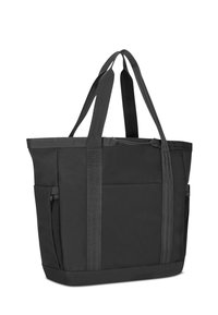 Zwarte stoffen tote bag met dubbele handgrepen aan de bovenkant, een ritsvak als hoofdcompartiment en zijvakken. Rechthoekige vorm en gladde, gestructureerde textuur.