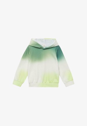 Vaikiškas gobtuvuotas džemperis ilgomis rankovėmis, turintis žaliai baltą gradientinį dažymo efektą ir ribotu krašte rankogalius bei apačią.